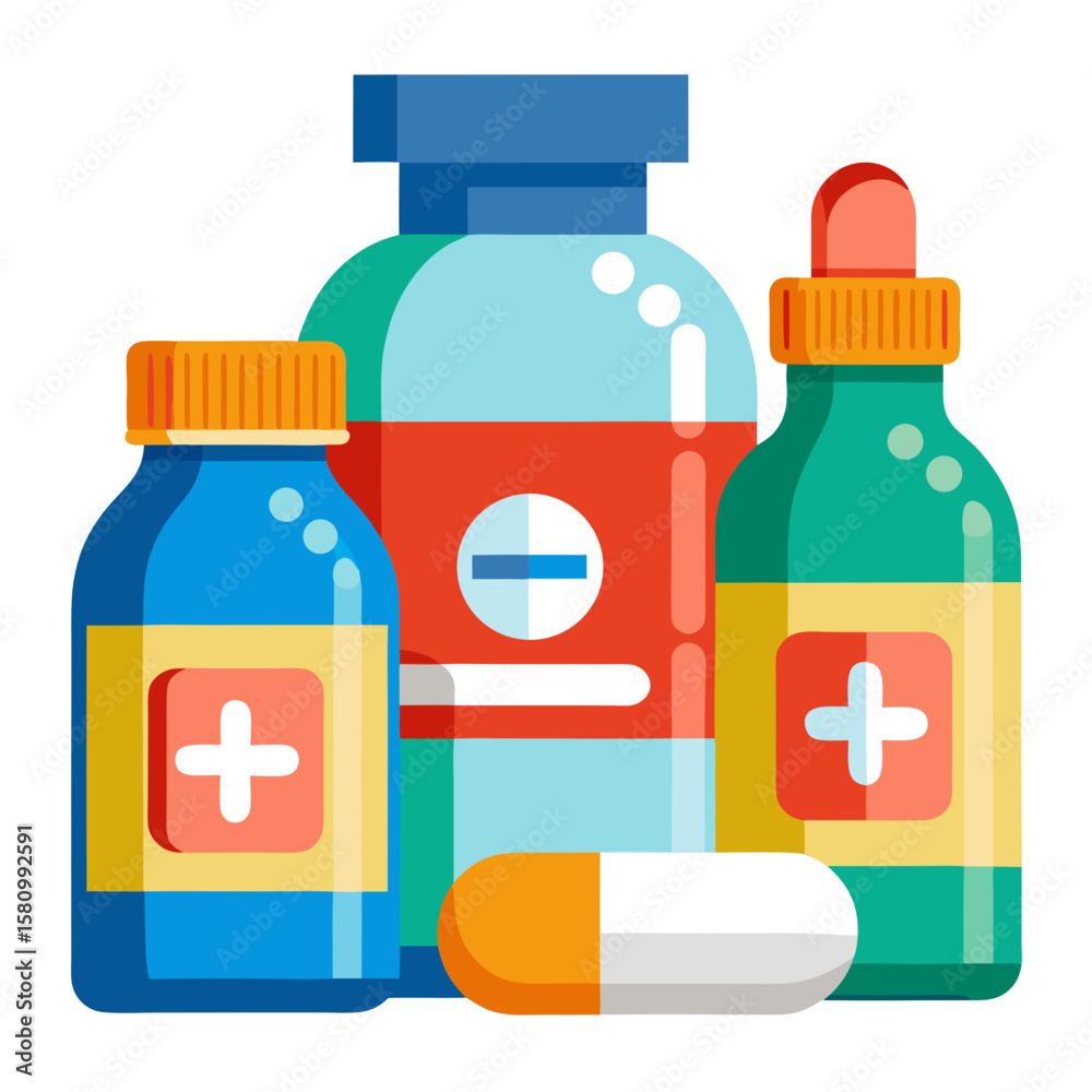 Obraz premium Colorful Pharmaceutical Illustration Depicting Medicine Bottles and a Capsule Emphasizing Healthcare and Treatment Options with a Modern Flat Design Style for Medical and Wellness Purposes