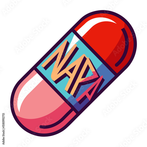 Stylized Illustration of a Pill Capsule with the Word NAPA on It Featuring a Red and Pink Color Scheme with a Blue Background and Dark