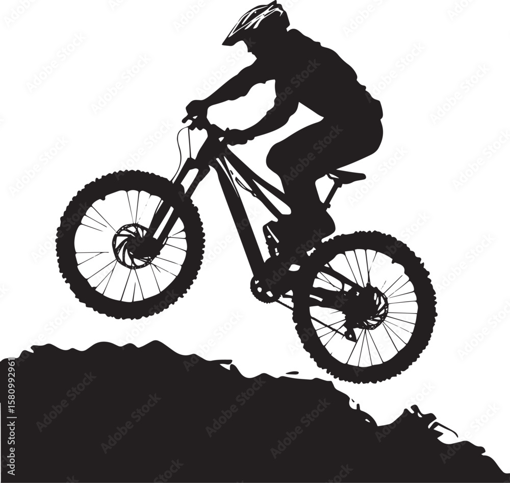 Fototapeta premium Mountain Biking A person riding a mountain bike over rugged terrain, jumping or navigating obstacles. full length silhouette black vector illustration