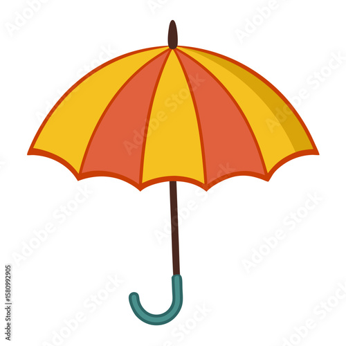Cartoon Umbrella with Alternating Yellow and Orange Panels Dark Brown Handle and Topper and Teal Hook Isolated on a White Background Perfect for Weather Related