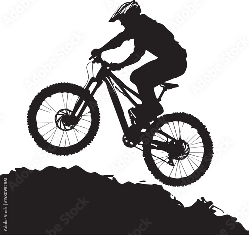 Mountain Biking A person riding a mountain bike over rugged terrain, jumping or navigating obstacles. full length silhouette black vector illustration