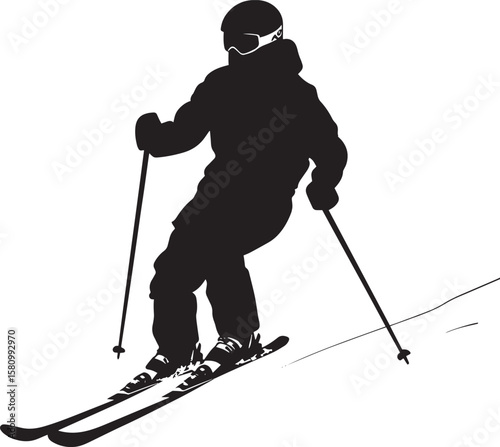 Skiing in Motion A full-length black vector of a person descending a slope, bent legs and poles in hand.