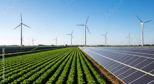 Wide shot of agricultural land with wind turbines and rows of solar panels shown.