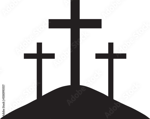 Three Crosses on Hill Silhouette – Symbol of Crucifixion, Faith, and Redemption