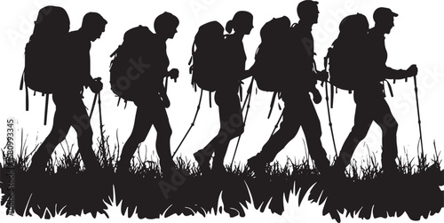 Group Backpacking A group of people walking together on a trail, each with their own backpacks. full length silhouette black vector illustration