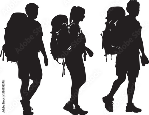 Trail Hikers A black silhouette vector of a group of people walking together, each carrying a backpack.