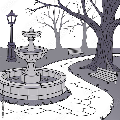 A grayscale illustration of a park with a fountain benches trees and a lamppost on a winding path area