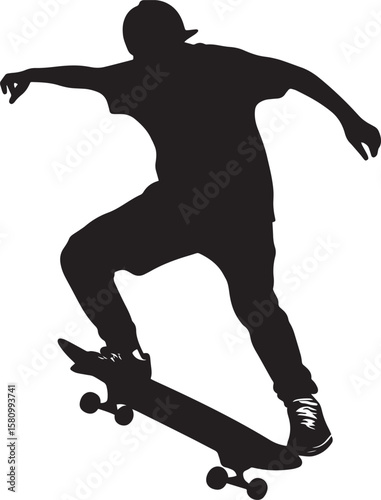 Post-Trick Pose Skater displaying a proud stance after successfully landing a trick, standing tall on the board. Full silhouette in black vector design.