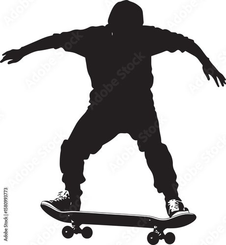 Post-Trick Pose Individual striking a confident pose on the skateboard after executing a trick. Complete silhouette in black vector illustration.