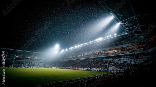 Night Stadium Scene: A panoramic view of a massive stadium, filled with a sea of spectators, illuminated by bright floodlights under a dark, rainy sky, with an intense sporting event taking place.