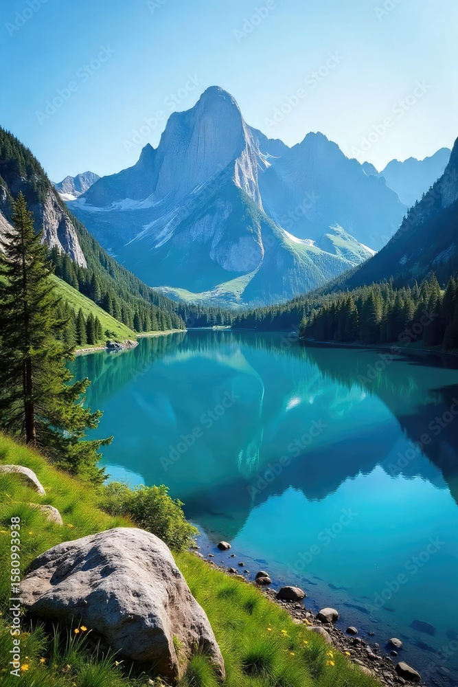 Fototapeta premium Breathtaking Panorama Pristine Mountain Lake Reflecting a Clear Blue Sky, Surrounded by Lush Green Forests and Majestic Peaks. A Serene Escape into Untouched Wilderness.