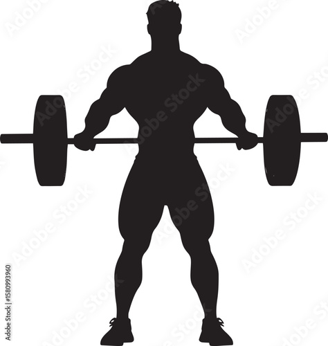 Lifter holding a barbell above their shoulders, standing tall and satisfied after completing a lift. Full-length black vector silhouette.