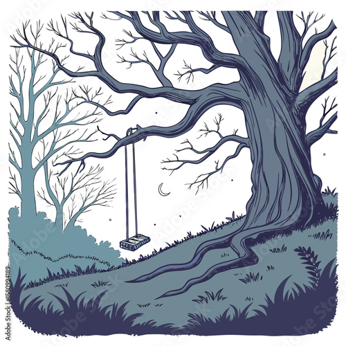 A whimsical illustration featuring a large tree with a swing hanging from its branches under a crescent moon