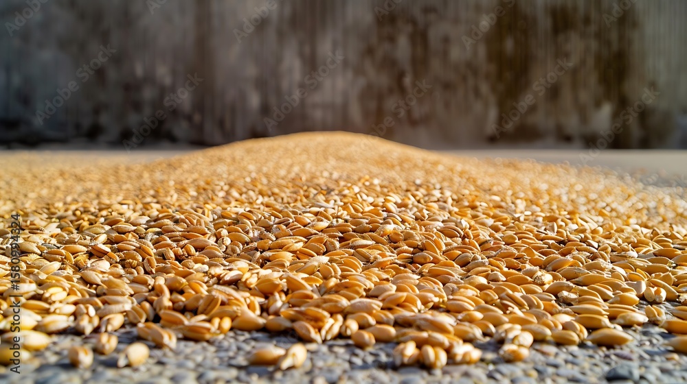 Obraz premium Wheat Threshing Area Showing Mounds Of Loose Golden Wheat Grain On A Clean Cemented Platform. No Human Tools, But The Pattern Of Swept Grain Must Form A Visually Satisfying Composition. Background