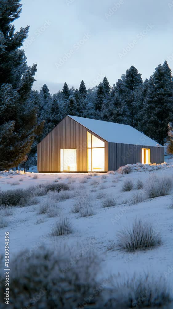 Charming cabin contrasts beautifully against the snowy landscape, showcasing a serene winter evening with warm lights inside Charming cabin contrasts beautifully against the snowy landscape, showcasing a serene winter evening with warm lights inside