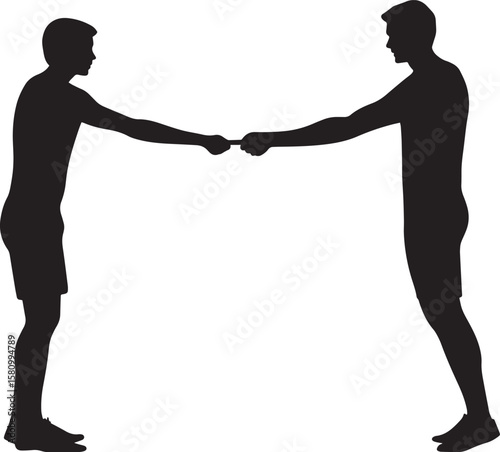 A runner passing a baton to their teammate, arms extended. full length silhouette black vector illustration