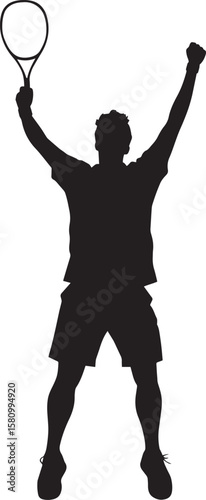 A badminton player raising their racket or both hands in celebration after a winning point. full length silhouette black vector illustration