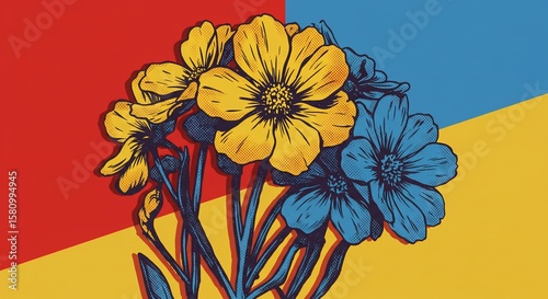 Vibrant Pop Art Bouquet of Yellow and Blue Cosmos