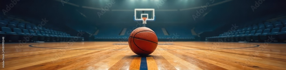 Fototapeta premium Lone Basketball on Gleaming Court Awaits the Next Big Game; Polished wood reflects stadium lights, creating a dramatic and energetic scene ready for intense action and skillful defense.