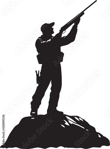 A hunter celebrating, raising a rifle in one hand. full length silhouette black vector illustration