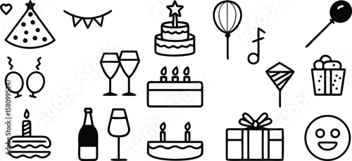 Party icons set with hand drawn wine bottles and glasses vector collection