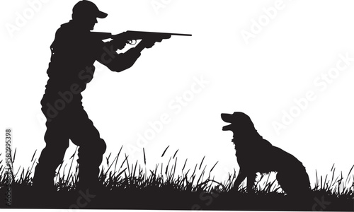 A hunter aiming his weapon while the dog crouches nearby, poised to chase. Full-length silhouette black vector illustration.