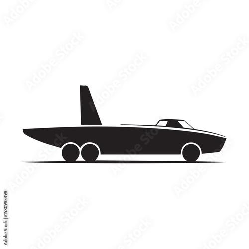 Sleek black silhouette of a futuristic car design with wing, showcasing transportation innovation and cutting edge vehicle concept.