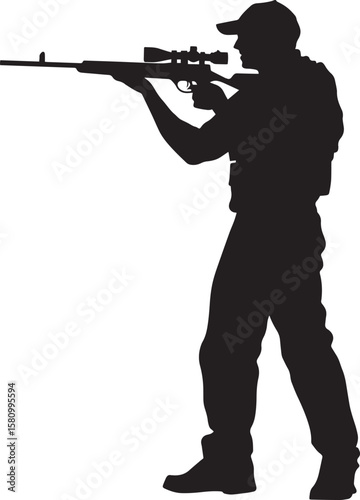 An individual in a stable position, focusing on the target while aiming a rifle forward. Full-length silhouette black vector illustration.