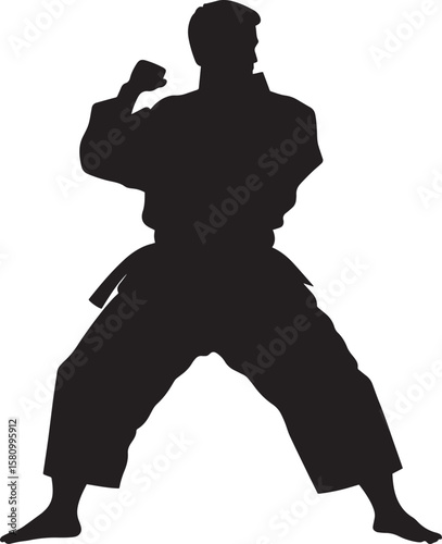 Horse Stance Karate An individual positioned in a low, stable stance, legs spread wide and fists at their sides. Full-length silhouette black vector illustration.