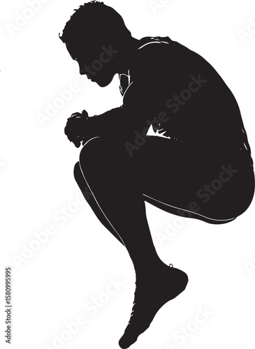 A gymnast jumping, knees pulled to chest, arms wrapped around legs. full length silhouette black vector illustration