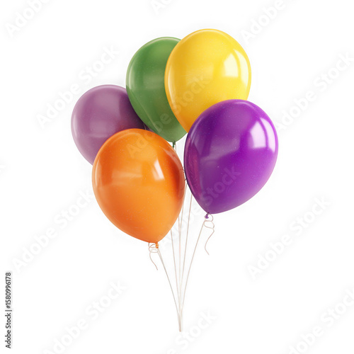 A vibrant bunch of five colorful balloons isolated on transparent background