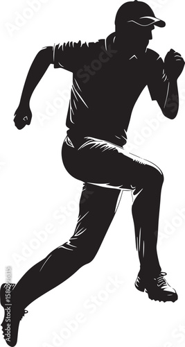 A silhouette of a bowler mid-run, arms pumping in preparation for delivery.