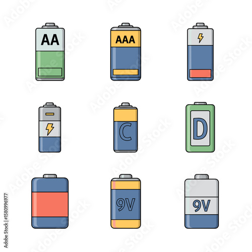 Variety of common battery types and sizes, including AA, AAA, C, D, and 9V cells, illustrating essential portable energy and power for electronic devices.