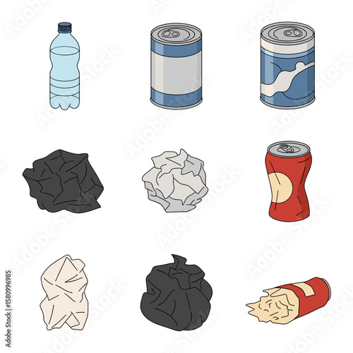 Recycling A Visual Guide of Waste Items, from Plastic Bottles to Crushed Cans, Demonstrating Waste Concepts