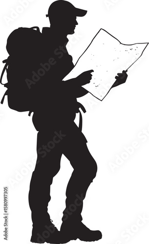 Trail Navigation Hiker examining a map, full-body silhouette, black vector illustration.