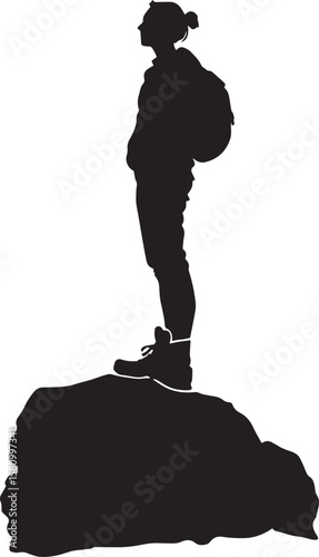 Summit Pose Person on a rock, one foot raised, striking a confident pose, silhouette illustration.