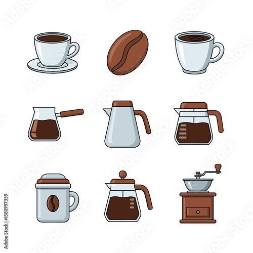 A colorful collection of coffee-related line icons, including beans, grinders, pots, and cups for cafe or beverage themes.