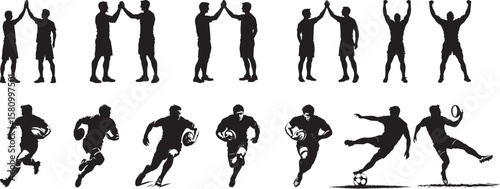 Celebratory High Five Two players giving a high five after a successful play, full-length silhouette vector.
