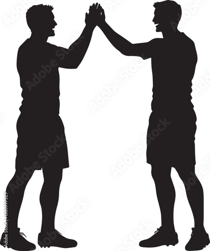 Celebratory High Five Two players giving a high five after a successful play, full-length silhouette vector.