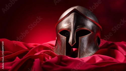 Bronze Spartan helmet resting on red fabric with dramatic lighting