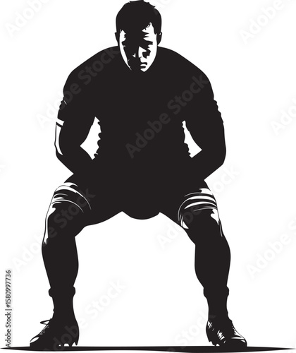 Rugby Power Stance Player in a crouch, poised for action, full-body silhouette.