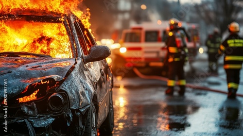 Fototapeta Naklejka Na Ścianę i Meble -  Burning car engulfed in flames on city street with firefighters responding.
