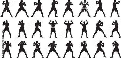 Triumphant Boxer Fists raised in victory after a win, black silhouette.