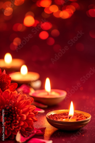 Lit oil lamps and red flowers. Traditional Diwali decoration. Festive background for Indian holiday celebration.