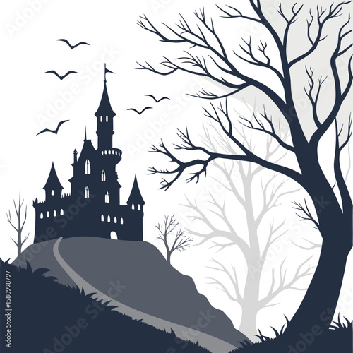Silhouette of a castle on a hill with bare trees and birds in a grayscale color scheme illustration