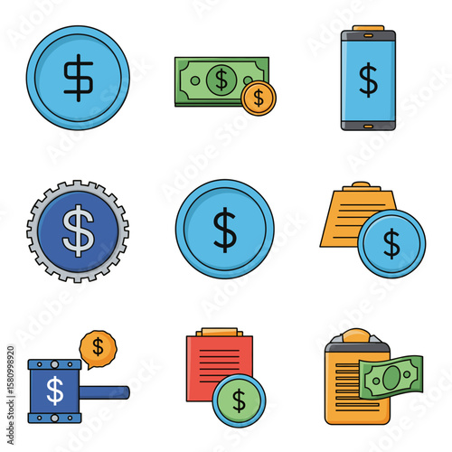 Modern flat line icon pack for finance, economy, and commerce, featuring dollar signs, cash, and banking elements.