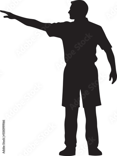 Official with arm raised vertically, indicating a goal kick, black silhouette.