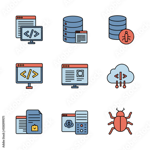 Icons of Information Technology Database, Bug, Cloud, Code, File and System for Creative Projects 