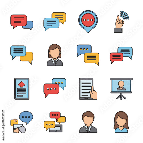 Enhance Online Presence Flat Vector Icons for Communication, Business and Social interactions