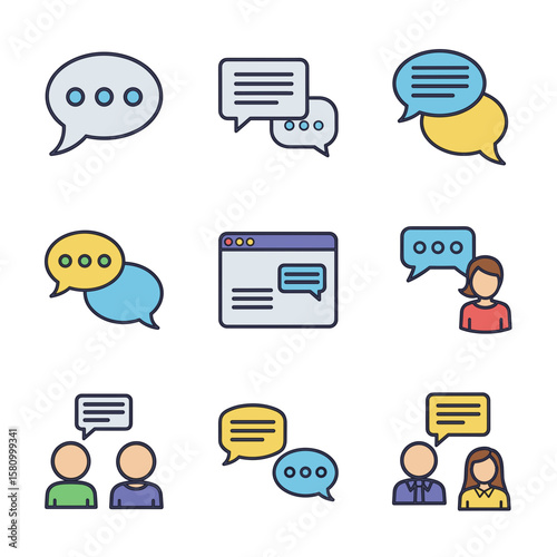 Communication Dialogue Icons of speech bubbles and chat conversations with online dialogue.